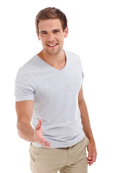 Nice Meet You Portrait Young Man Standing Studio Stretching Out — Stock Photo, Image