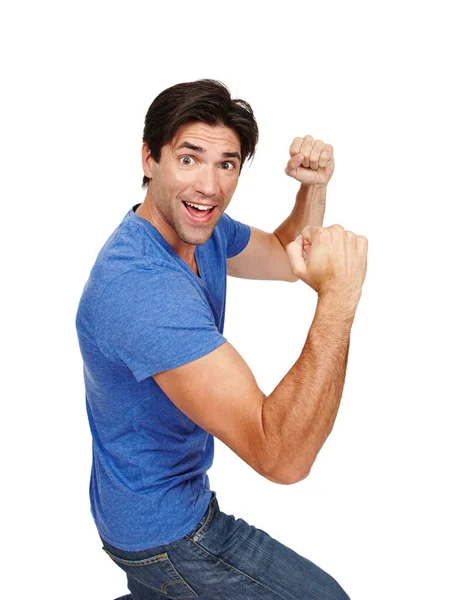 Ecstatically Happy Studio Portrait Handsome Young Man Punching Air Excitement — Stock Photo, Image