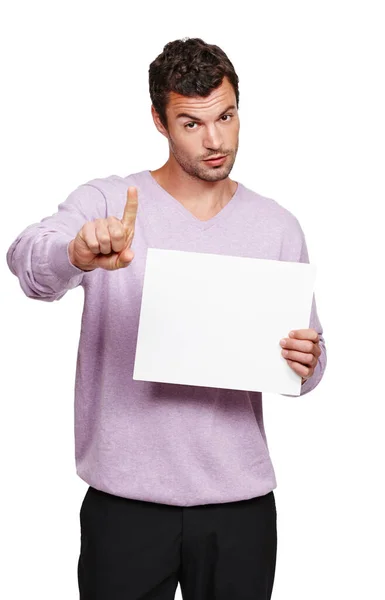 Warned Handsome Man Holding Blank Placard Signalling Warning His Index — Stock Photo, Image