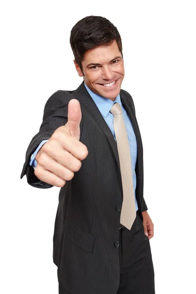 Approves Studio Portrait Well Dressed Businessman Showing Thumbs — Stock Photo, Image