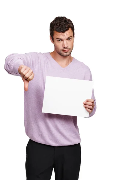 Não Aprovo Homem Bonito Segurando Cartaz Branco Contra Fundo Branco — Fotografia de Stock