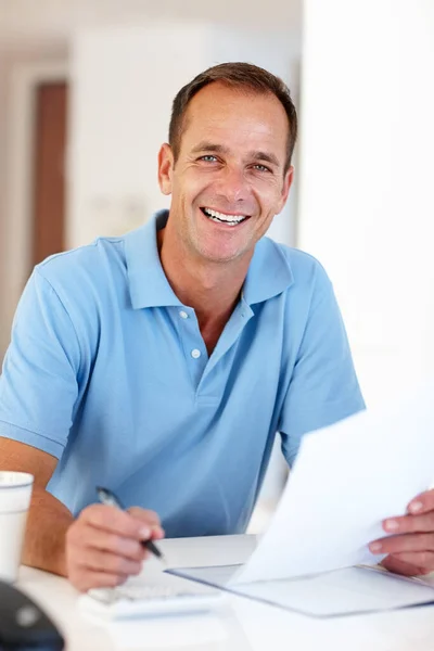 Keeping Professional Home Portrait Mature Businessman Sitting Desk Doing His — Stock Photo, Image