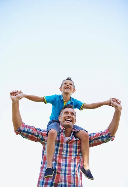 Dad Sons First Hero Low Angle Shot Happy Father Carrying — Stock Photo, Image