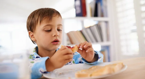 Getting His Cute Little Boy Eating Toast Jam Peanut Butter — Stock Photo, Image