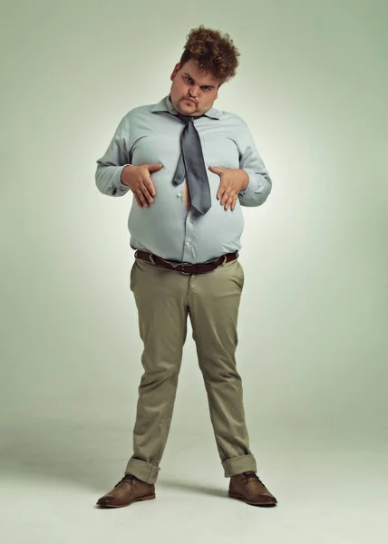 Want Some Full Length Shot Overweight Man Holding His Rotund — Stock Photo, Image