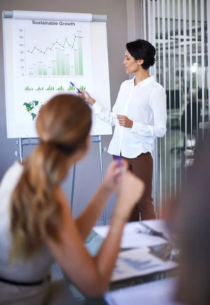Weve Got Keep Growing Businesswoman Presenting Data Boardroom Meeting — Stock Photo, Image