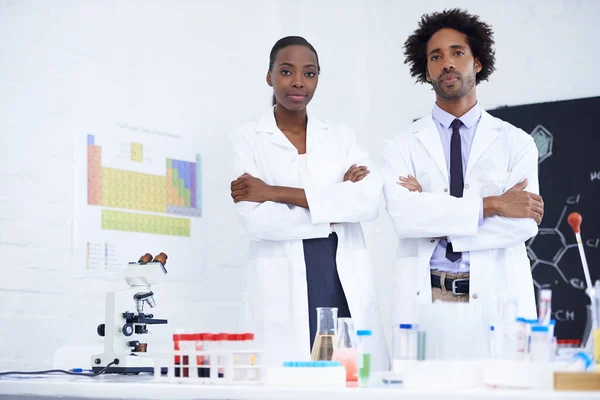 Jsou Tvrdí Vědci Portrét Dvou Vědců Stojících Společně Své Laboratoři — Stock fotografie