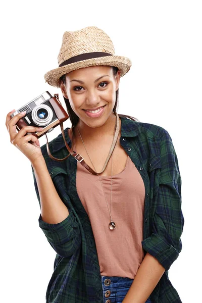 Film Favourite Portrait Attractive Young Woman Retro Camera Isolated White — Stock Photo, Image