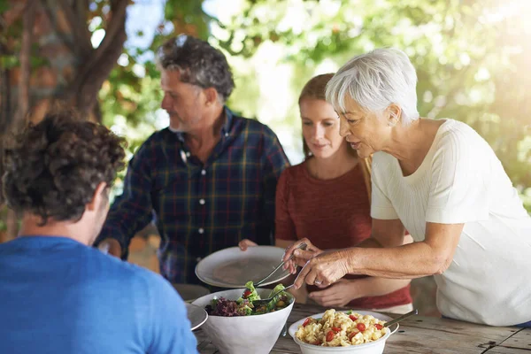 Laat Iets Voorschotelen Een Familie Die Zich Voorbereidt Buiten Lunchen — Stockfoto