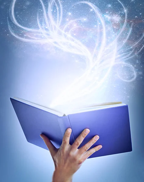 Drawn Magical New Worlds Hand Holding Open Storybook Light Emanating — Stock Photo, Image