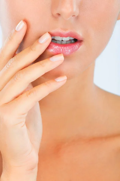 Silky Smooth Beautiful Young Woman Feeling Her Smooth Skin White — Stock Photo, Image