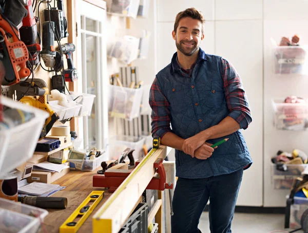Dreams Born Workshop Portrait Handsome Young Handyman Standing Front His — Stock Photo, Image