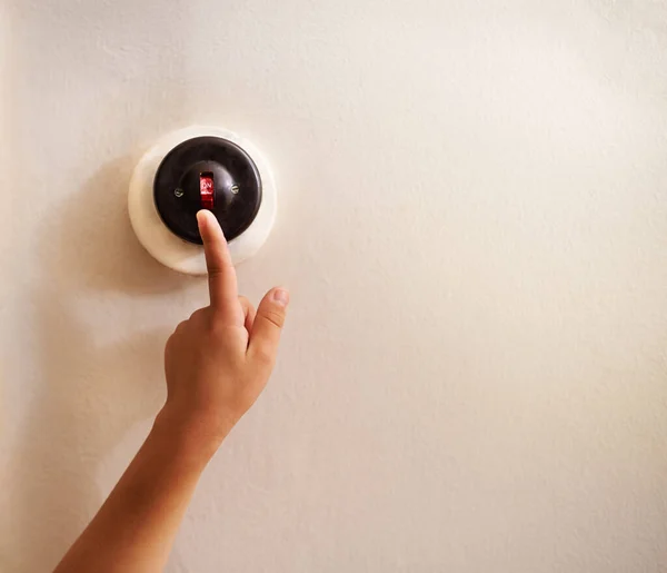 Saving Rainy Day Small Hand Touching Switch — Stock Photo, Image