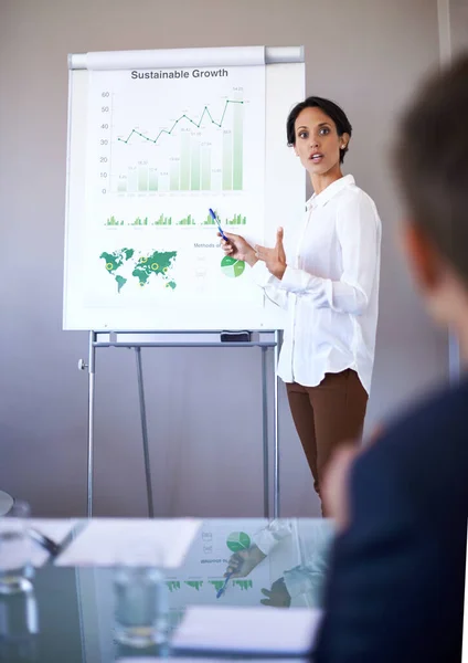 Need Find Ways Keep Growing Businesswoman Explaining Data Her Colleagues — Stock Photo, Image