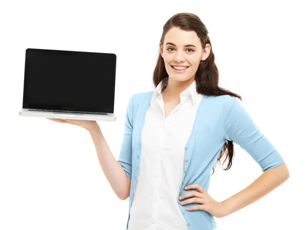 Technologie Merk Onderschrijven Mooie Jonge Vrouw Houdt Een Laptop Met — Stockfoto