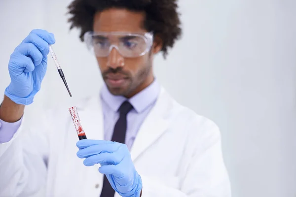 Herkesin Kanı Bir Hikaye Anlatır Bir Erkek Tıp Bilimci Elinde — Stok fotoğraf