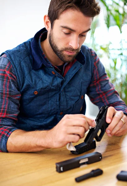 Regular Maintenance Essential Every Gun Owner Young Man Cleaning His — Stock Photo, Image