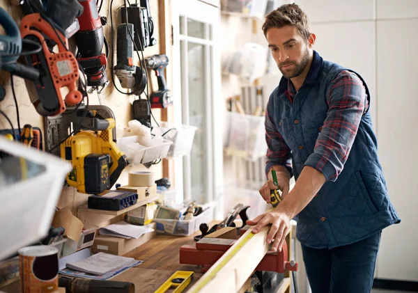 Visions Wooden Success Portrait Handsome Young Handyman Standing Front His — Stock Photo, Image