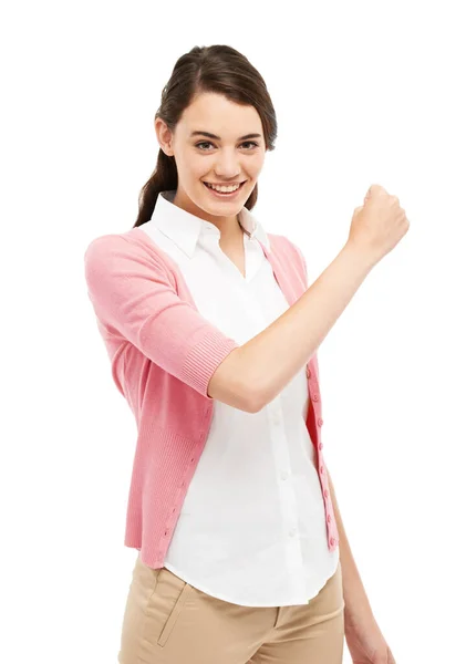 Did Cropped View Preppy Young Woman Standing White Background Her — Stock Photo, Image