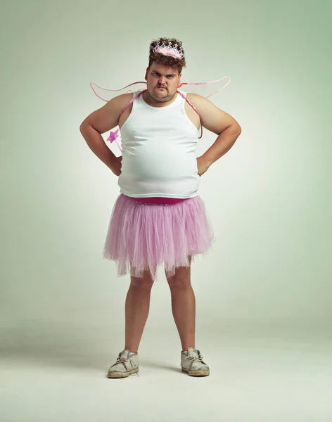 Trouves Drôle Homme Surpoids Comique Habillé Dans Costume Fée Rose — Photo