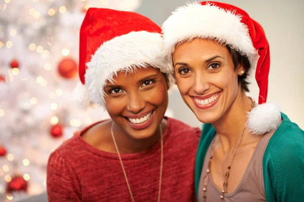 Λατρεύουμε Χριστούγεννα Πορτρέτο Δύο Ευτυχισμένων Φίλων Που Φορούν Καπέλα Σάντα — Φωτογραφία Αρχείου
