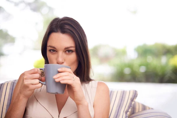 Enjoying Day Portrait Attractive Young Woman Drinking Coffee Home — Stock Photo, Image