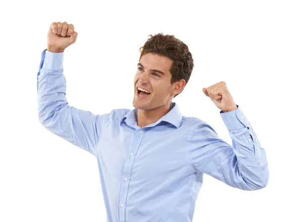 Winning Handsome Young Man Studio Raising His Arms Celebration — Stock Photo, Image