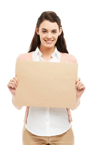 Feliz Respaldar Marca Mujer Joven Sonriente Sosteniendo Pequeño Cartel Copyspace — Foto de Stock