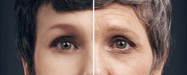 优雅地老化 一个年轻女人和一个老年女人的分裂形象 — 图库照片