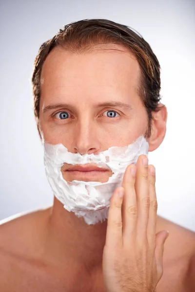 His Stubbles Trouble Studio Shot Handsome Man Applying Shaving Cream — Stock Photo, Image
