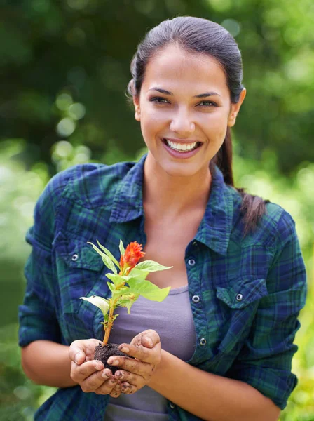 Having Fun Garden Portrait Attractive Young Woman Holding Young Plant — Stock Photo, Image
