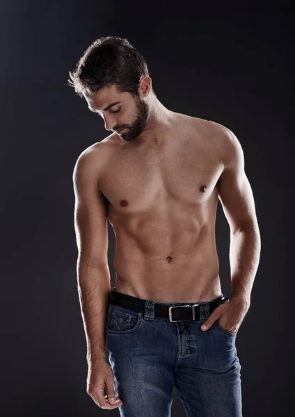 Body Confidence Handsome Man Standing Shirtless Black Background — Stock Photo, Image