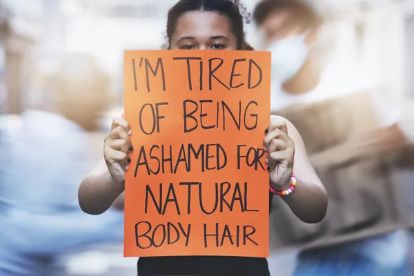 Плакат Женский Протест Волосы Теле Позитивная Свобода Картонным Знаком Изменения — стоковое фото