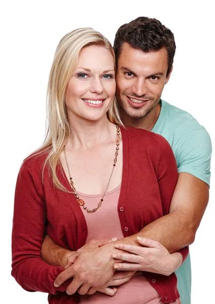 Sicher Seinen Armen Ein Attraktives Paar Lächelt Vor Weißem Hintergrund — Stockfoto
