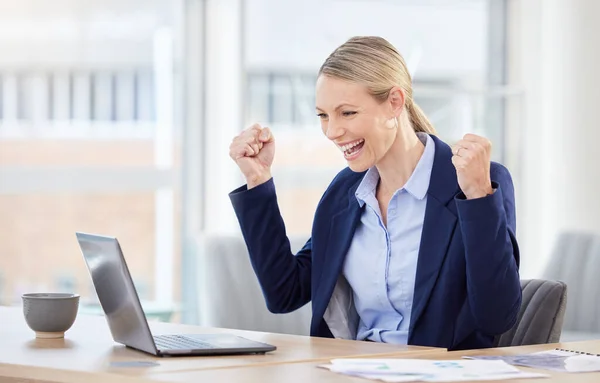 Excited, happy and celebration finance worker cheer, success and profit with stock market trade on office laptop. Winner, wow and professional financial analyst smile with pride checking information.