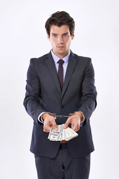 Can Money Buy Freedom Studio Shot Handsome Young Businessman Handcuffs — Stock Photo, Image