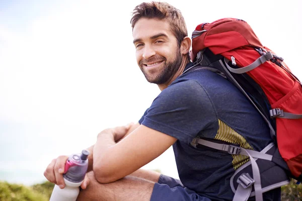 Hikers Stay Top All Handsome Man Taking Break His Hike — Stock Photo, Image