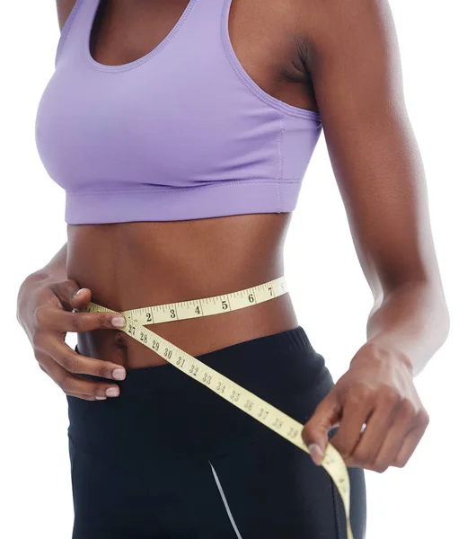 Keeping Track Progress Cropped Shot Sporty Young Woman Measuring Her — Stock Photo, Image