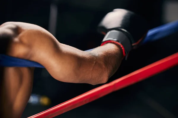 Sports Fight Hand Boxing Man Resting Corner Boxing Ring Exhibition — Stock Photo, Image