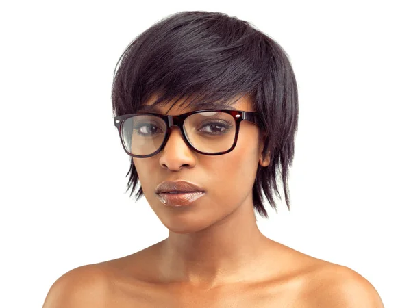 Dedicated Simple Style Closeup Studio Portrait Beautiful African Woman Looking — Stock Photo, Image