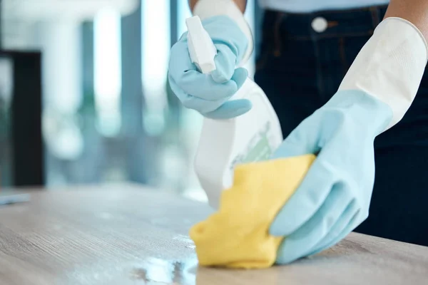 Limpeza Spray Garrafa Higiene Com Mulher Com Luvas Para Limpeza — Fotografia de Stock