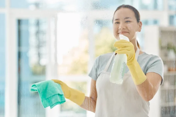 Serviço Limpeza Produtos Mulher Feliz Limpando Janelas Com Detergente Pano — Fotografia de Stock