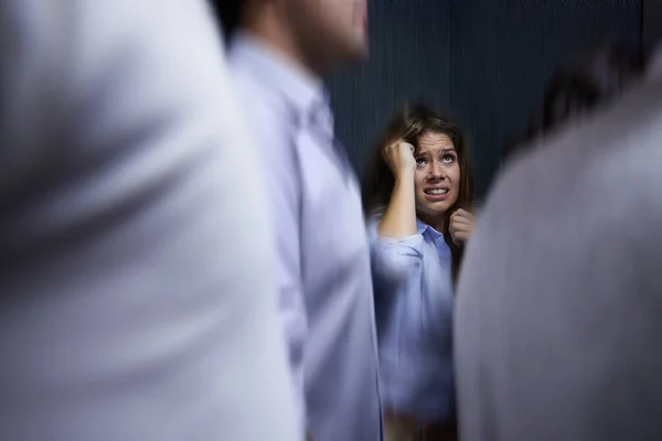 Have Get Out Fearful Young Woman Feeling Trapped Crowd — Stock Photo, Image