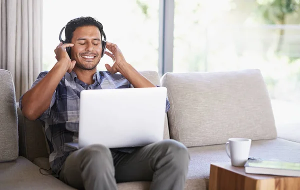 Just Got Some New Tunes Young Man Listening Music His — Stock Photo, Image