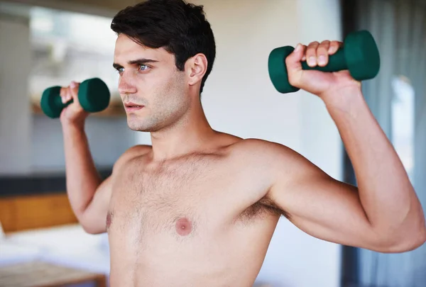 Control Achieving Goals Cropped Shot Focused Young Man Lifting Dumbbells — Stock Photo, Image
