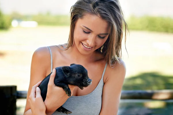 了解农场里的最新成员 一个年轻女人抱着一只可爱的小猪 — 图库照片