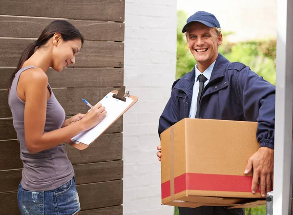 Delivery Smile Beautiful Woman Receiving Delivery — Stock Photo, Image