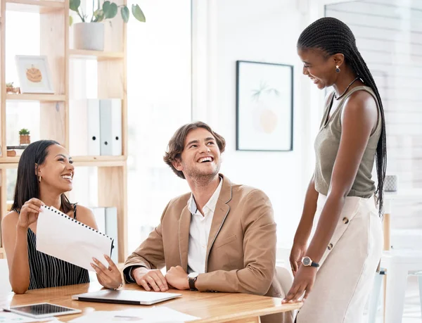 Business people, meeting and teamwork collaboration with document, technology or target audience paper research, Smile, happy or excited black woman with creative workers for brand marketing planning.