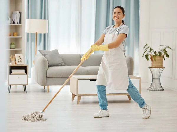 Asian Cleaner Woman Mopping Cleaning Dirt Dust Lounge Living Room — Stock Photo, Image