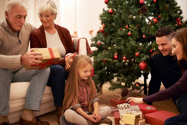 特別なクリスマスの瞬間を共有する クリスマスに複数世代にわたる家族が贈り物を交換し — ストック写真